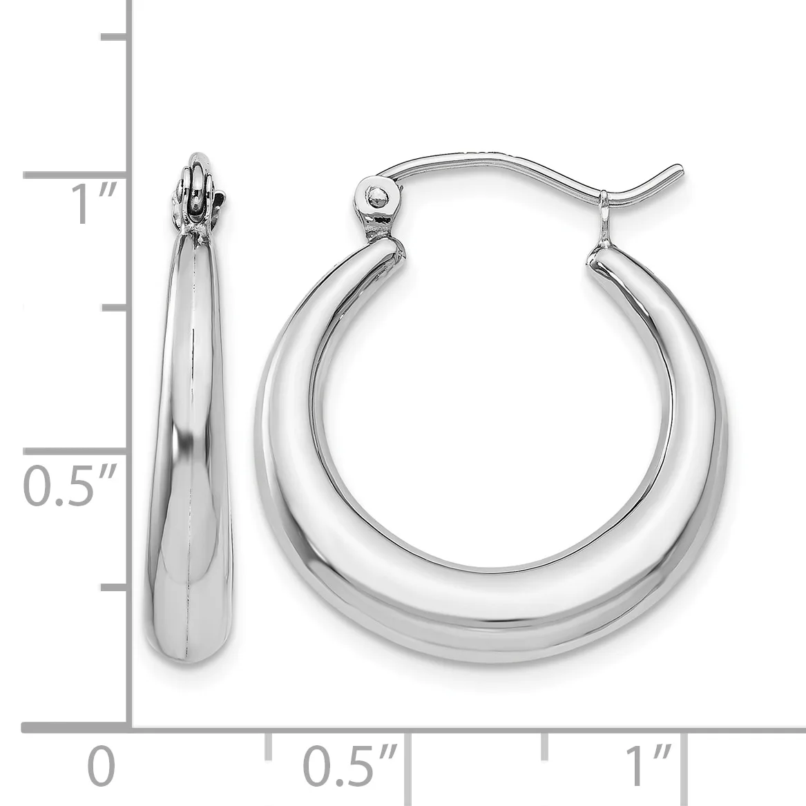 Pair of polished silver-toned hoop earrings with a curved teardrop shape, shown next to a ruler indicating approximately one inch in length.