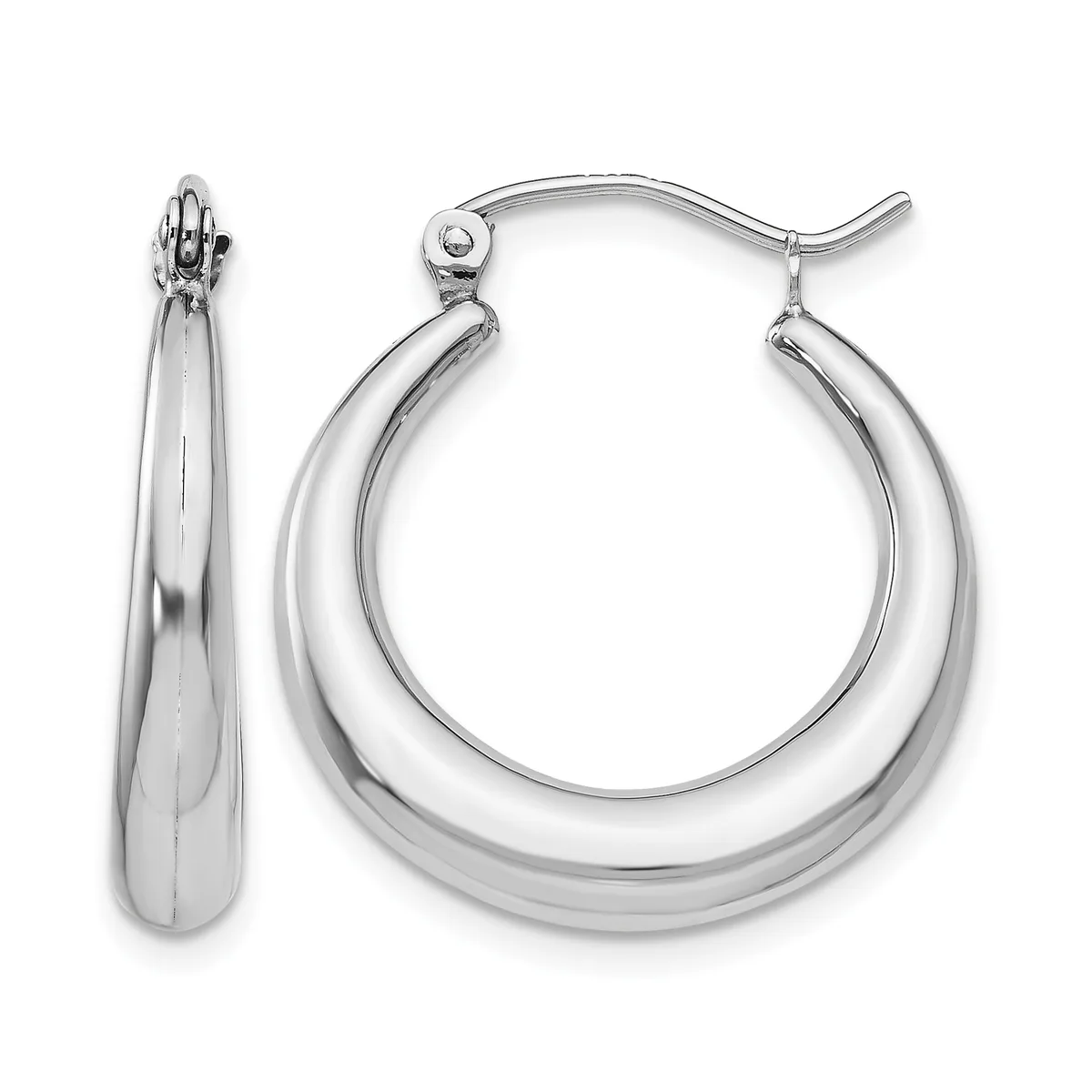 A pair of polished silver-toned hoop earrings with chunky tubular design and hinged posts, displayed against a white background.