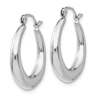 A pair of polished silver hoop earrings with a chunky oval shape and a small hallmark, displayed against a white background.