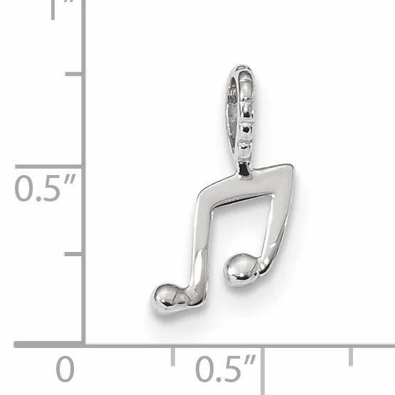Silver musical note charm with a lobster clasp, shown next to a measurement scale indicating approximately 0.5 inches in height and width.