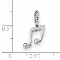 Silver musical note charm with a lobster clasp, shown next to a measurement scale indicating approximately 0.5 inches in height and width.