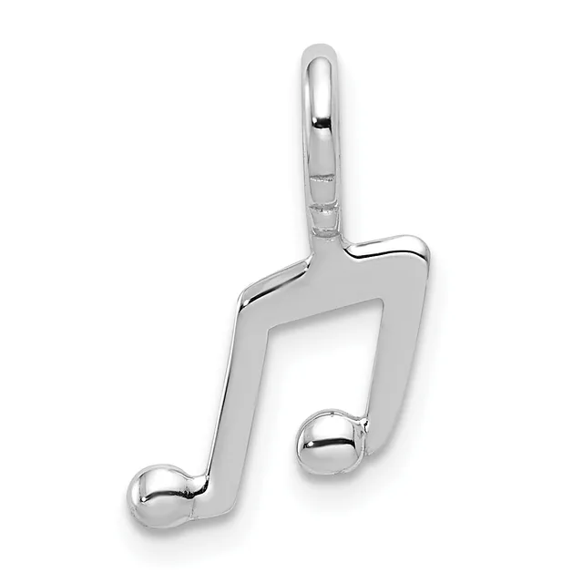 A sterling silver musical note charm pendant with a polished finish and a small loop bail at the top for attaching to a chain.