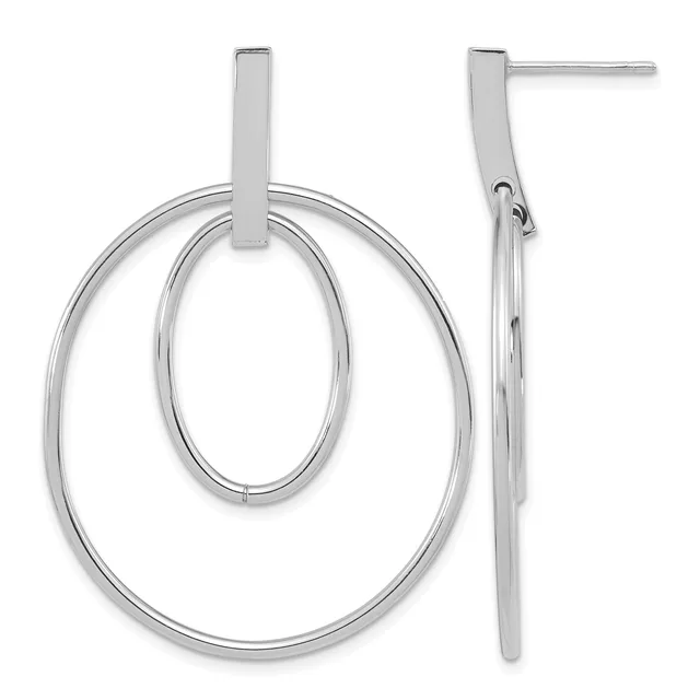 Pair of silver double oval drop earrings with a rectangular post and stud back, shown from front and side views.