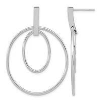 Pair of silver double oval drop earrings with a rectangular post and stud back, shown from front and side views.