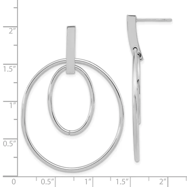 Silver-colored double oval dangle earrings with a rectangular post and backing, shown front and side view against a measurement scale.