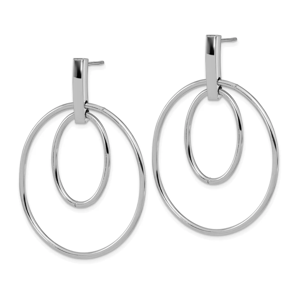 Pair of polished silver-tone double oval hoop earrings with rectangular post and clutch backs.
