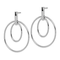 Pair of polished silver-tone double oval hoop earrings with rectangular post and clutch backs.