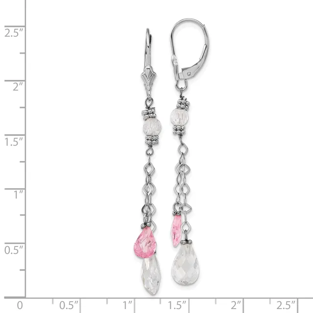 Pair of silver-tone leverback earrings with clear and pink faceted crystal teardrop beads suspended from delicate chain, shown against a ruler measuring approximately 2.5 inches long.