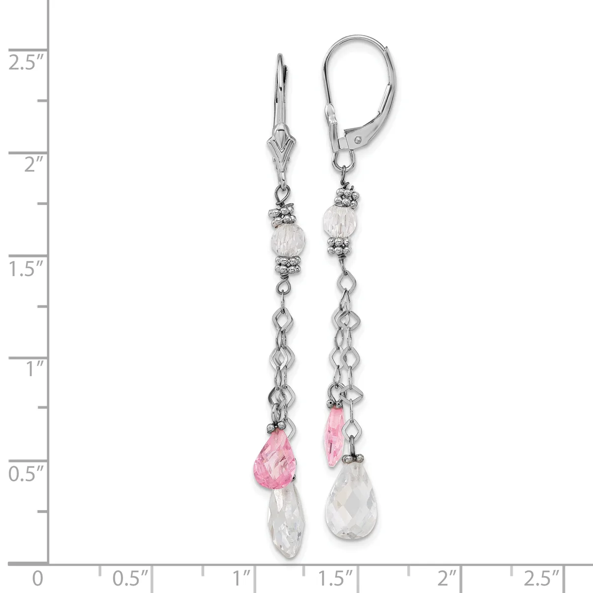 Pair of silver-tone leverback earrings with clear and pink faceted crystal teardrop beads suspended from delicate chain, shown against a ruler measuring approximately 2.5 inches long.
