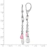 Pair of silver-tone leverback earrings with clear and pink faceted crystal teardrop beads suspended from delicate chain, shown against a ruler measuring approximately 2.5 inches long.
