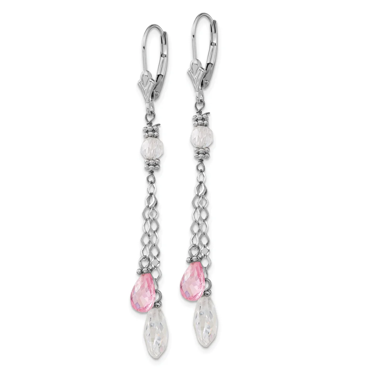 Pair of silver leverback earrings with clear and pink faceted teardrop crystals suspended from chain and decorative beads.