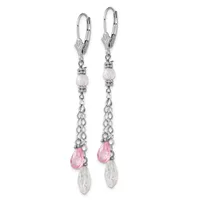 Pair of silver leverback earrings with clear and pink faceted teardrop crystals suspended from chain and decorative beads.