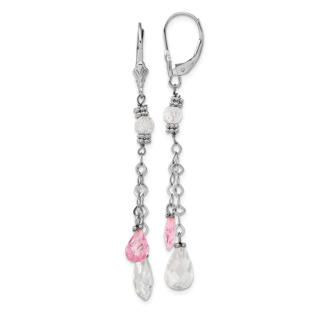 Pair of silver-toned leverback earrings with clear faceted beads, pink teardrop crystals, and white teardrop stones suspended from delicate chain links.