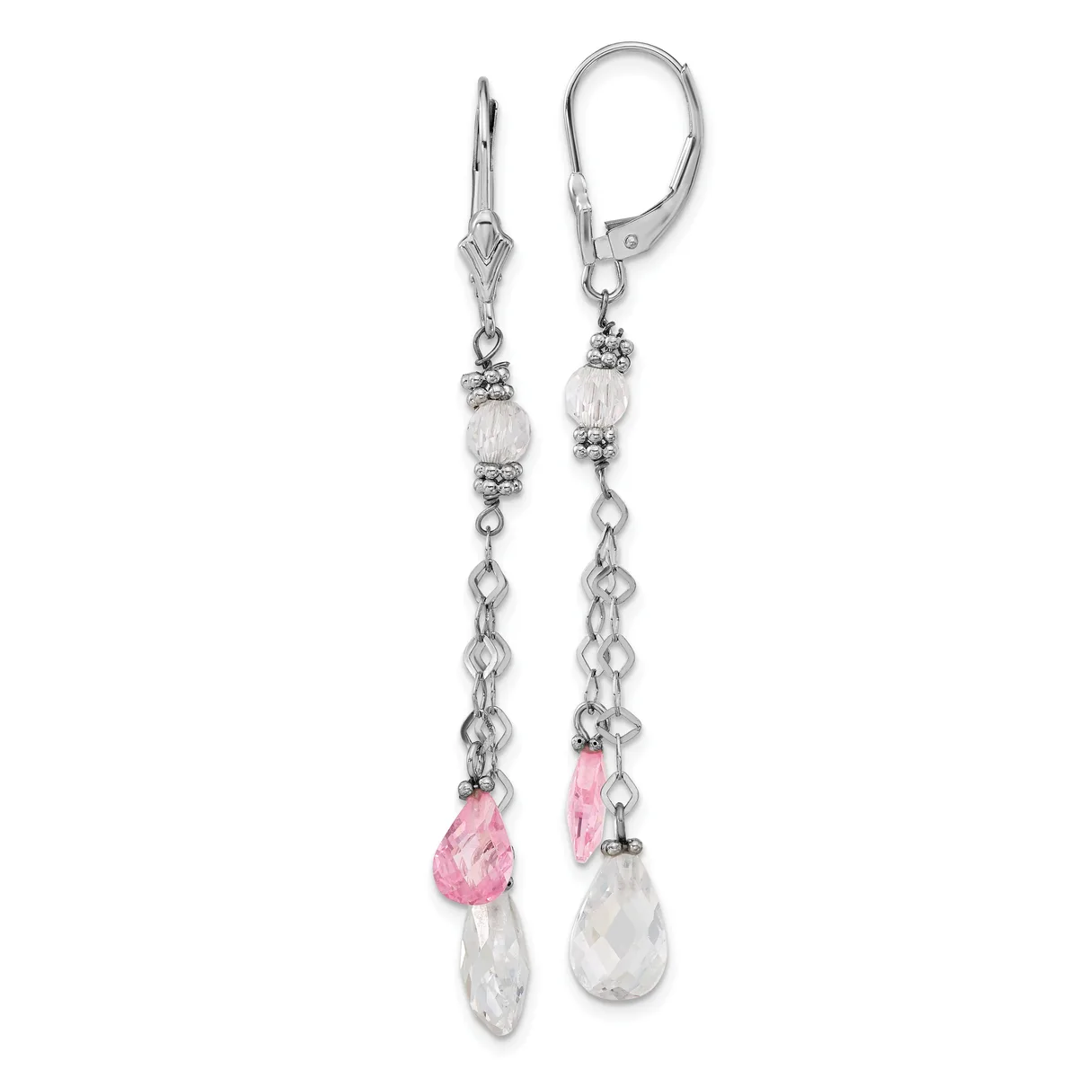 Pair of silver-toned leverback earrings with clear faceted beads, pink teardrop crystals, and white teardrop stones suspended from delicate chain links.