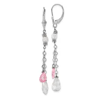 Pair of silver-toned leverback earrings with clear faceted beads, pink teardrop crystals, and white teardrop stones suspended from delicate chain links.