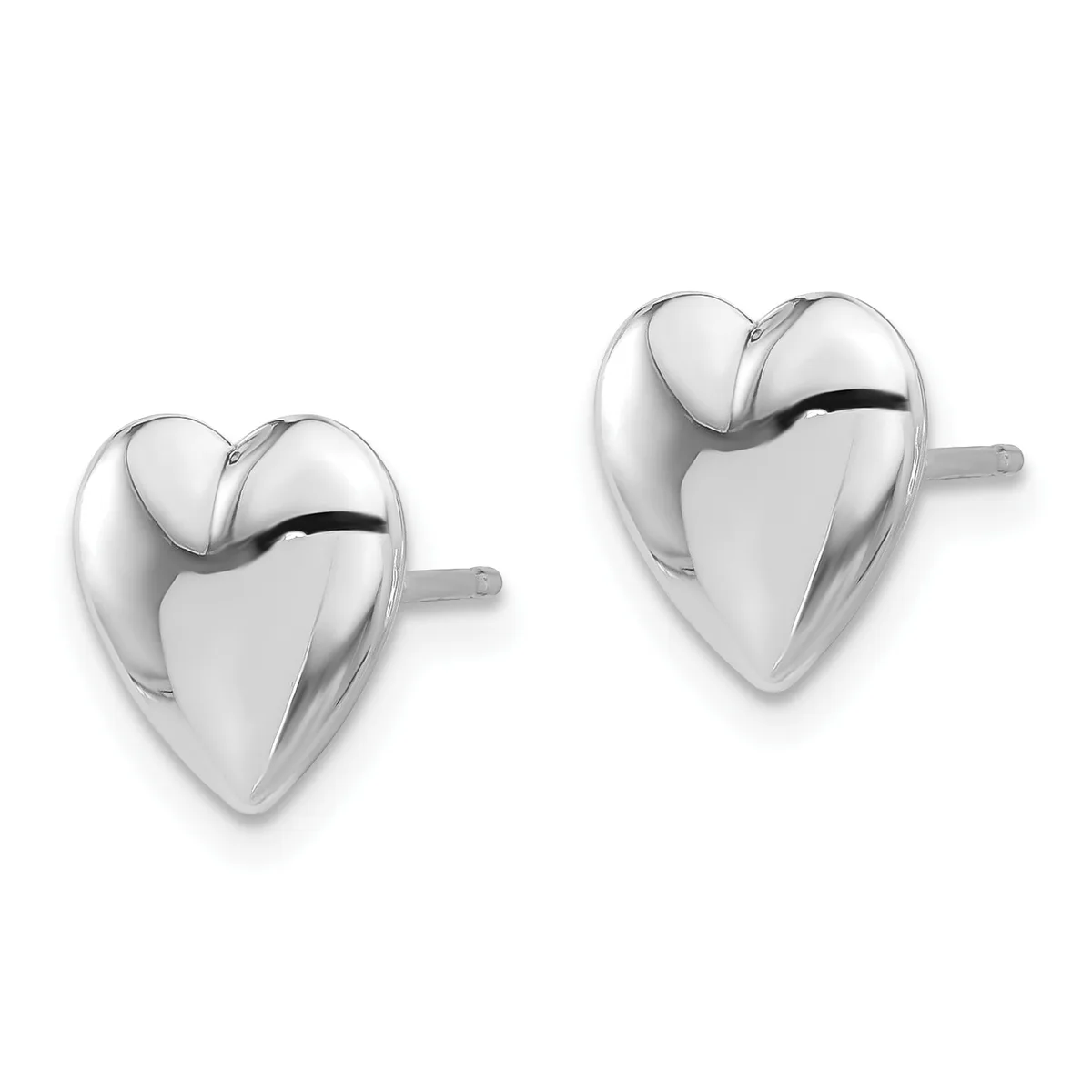 A pair of polished silver heart-shaped stud earrings with posts and backs, shown from the front against a white background.