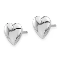 A pair of polished silver heart-shaped stud earrings with posts and backs, shown from the front against a white background.