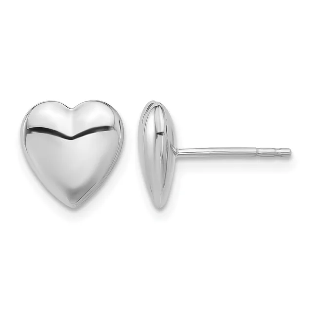 Pair of polished silver heart-shaped stud earrings shown from front and side views with straight posts and backs.