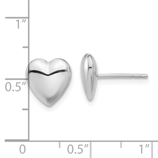 Pair of polished sterling silver heart-shaped stud earrings shown front and side view with measurement scale indicating approximately half-inch width.