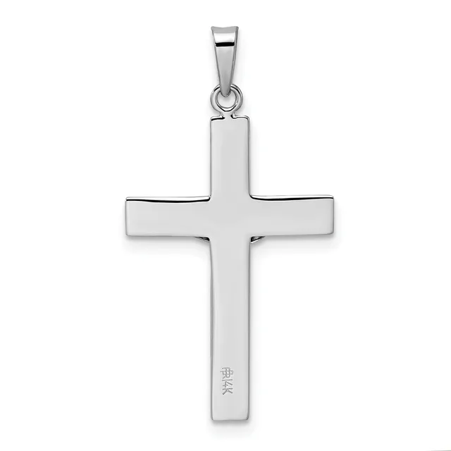 A polished silver cross pendant with a rectangular vertical stem and wider horizontal crossbar, suspended from a bail loop at the top.