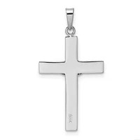 A polished silver cross pendant with a rectangular vertical stem and wider horizontal crossbar, suspended from a bail loop at the top.