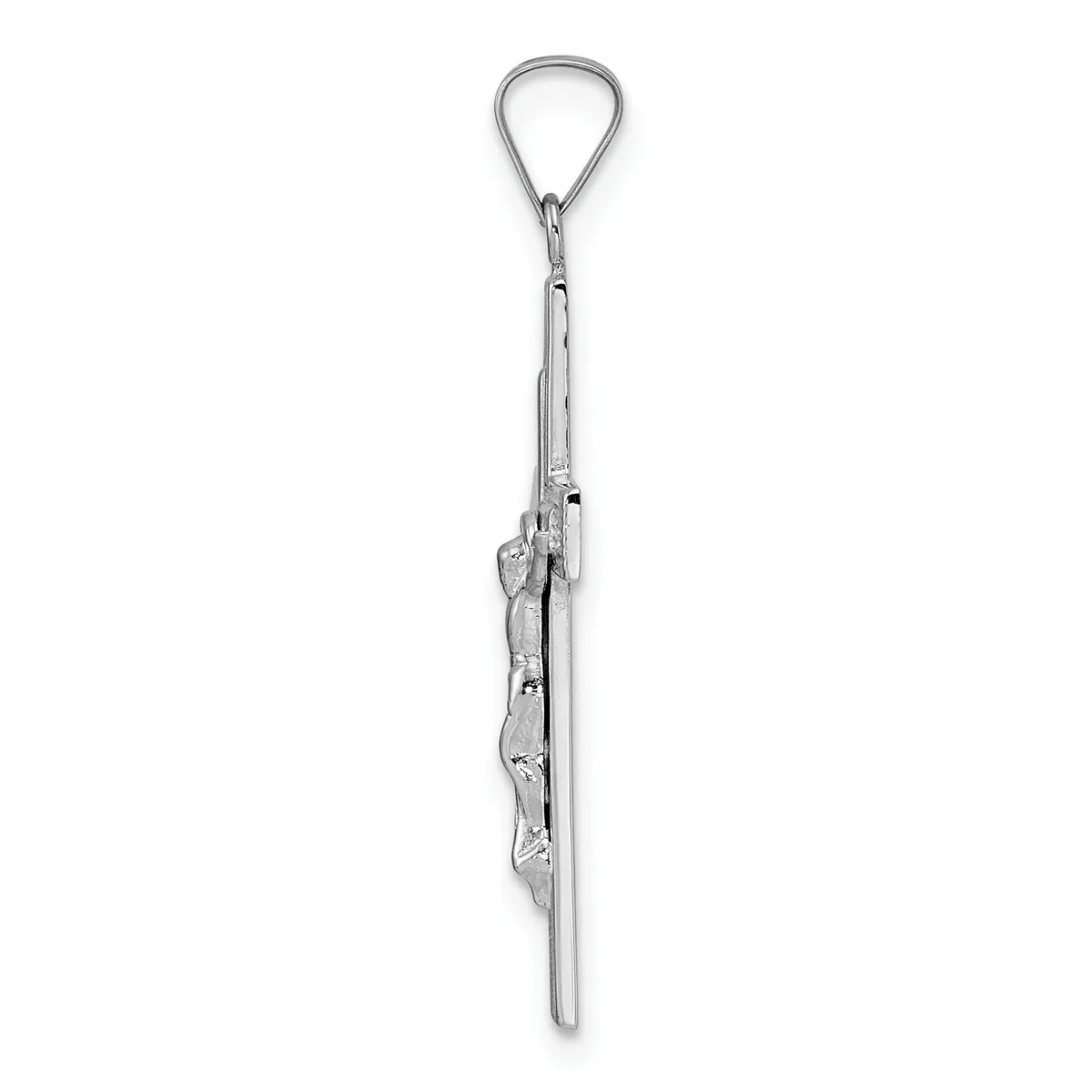 A long silver teardrop pendant necklace with an ornate rectangular center section featuring scrollwork detailing, displayed against a white background.