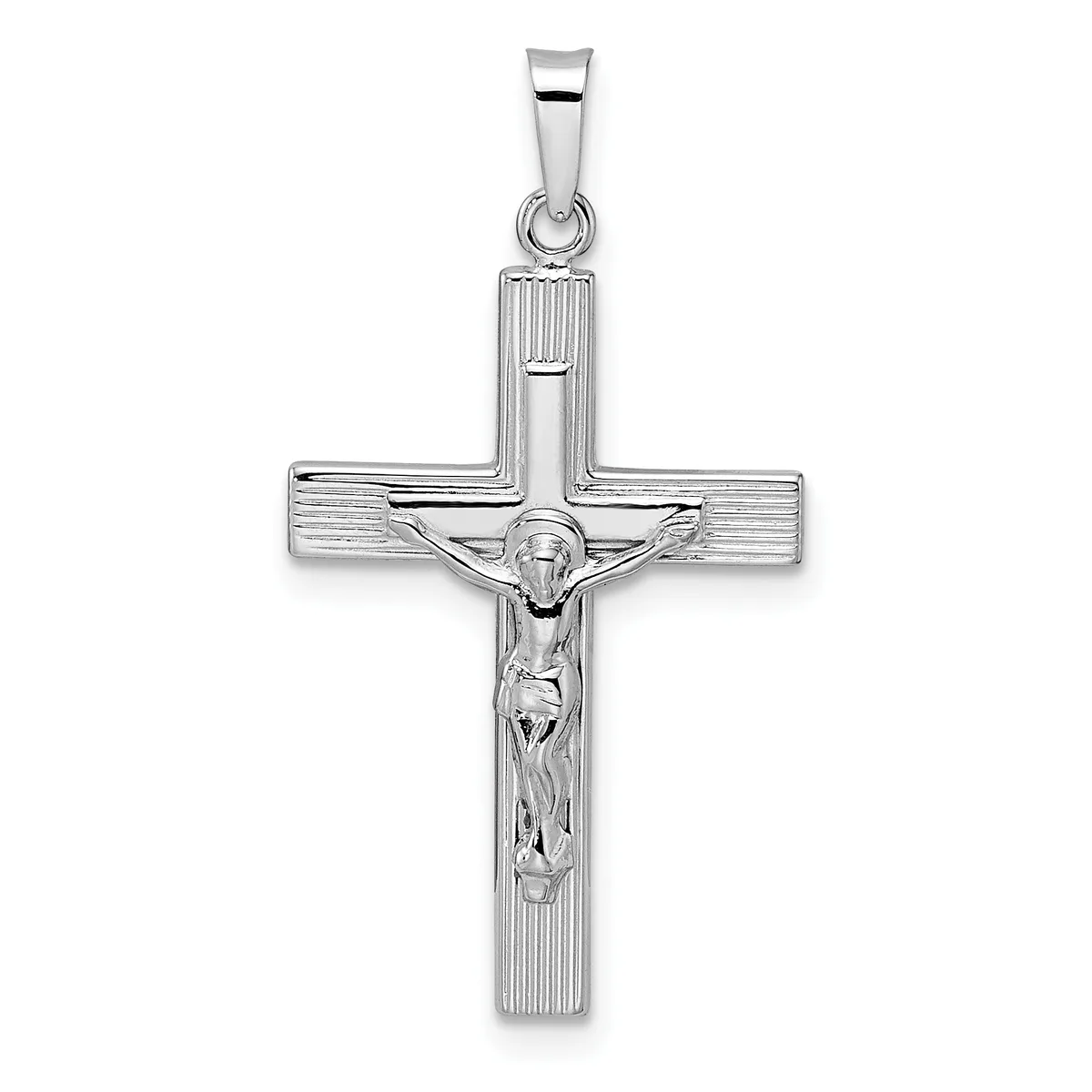 Sterling silver crucifix pendant with textured rectangular arms and a polished corpus figure, suspended from a bail loop.