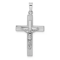 Sterling silver crucifix pendant with textured rectangular arms and a polished corpus figure, suspended from a bail loop.