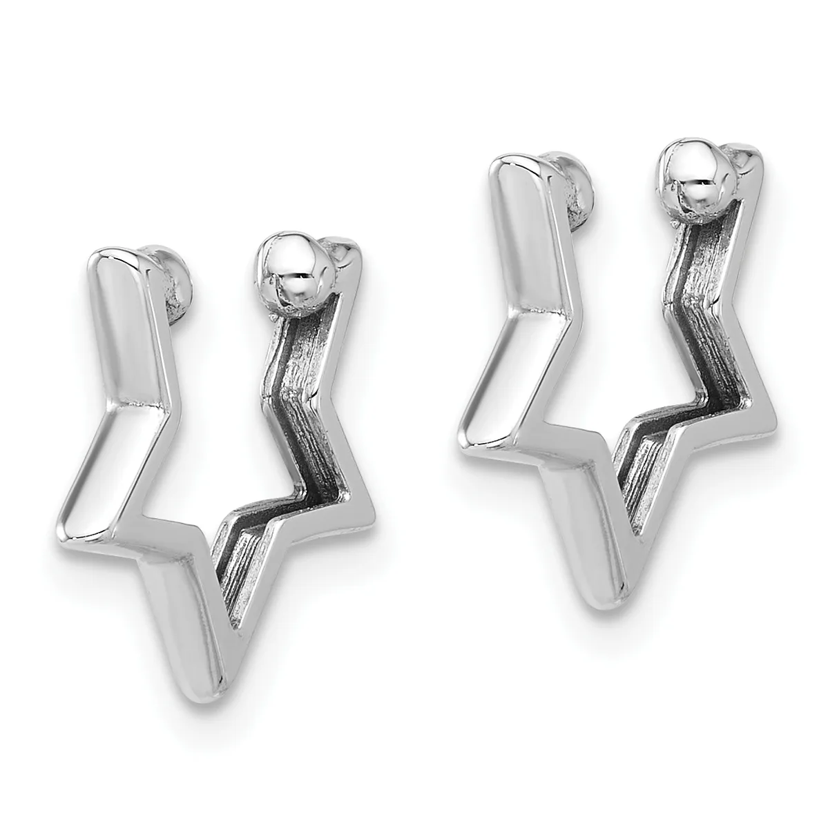 A pair of silver-colored checkmark-shaped earrings with post and clutch backs, featuring polished and textured surfaces.