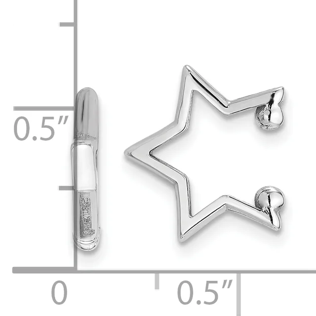 Silver star-shaped earrings with small ball studs shown next to a ruler for scale, approximately 0.5 inches in size.