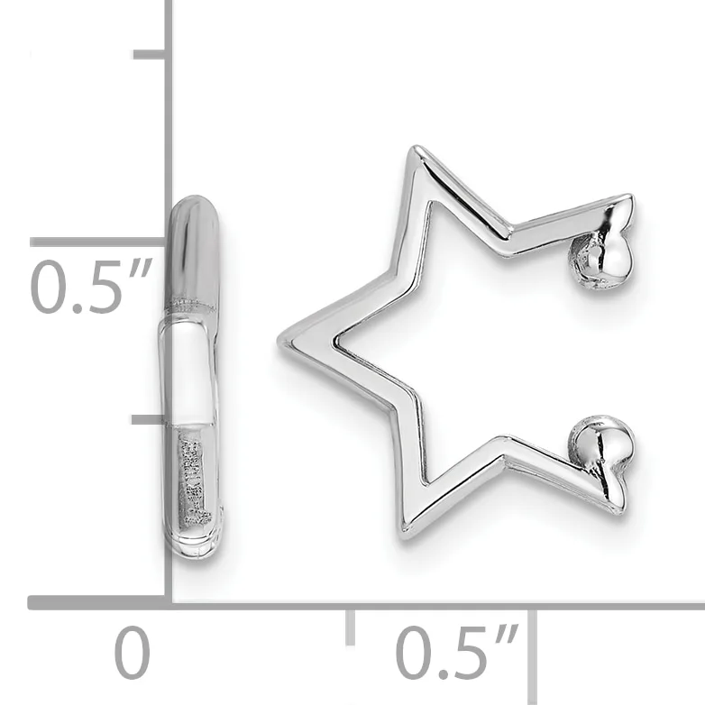Silver star-shaped earrings with small ball studs shown next to a ruler for scale, approximately 0.5 inches in size.
