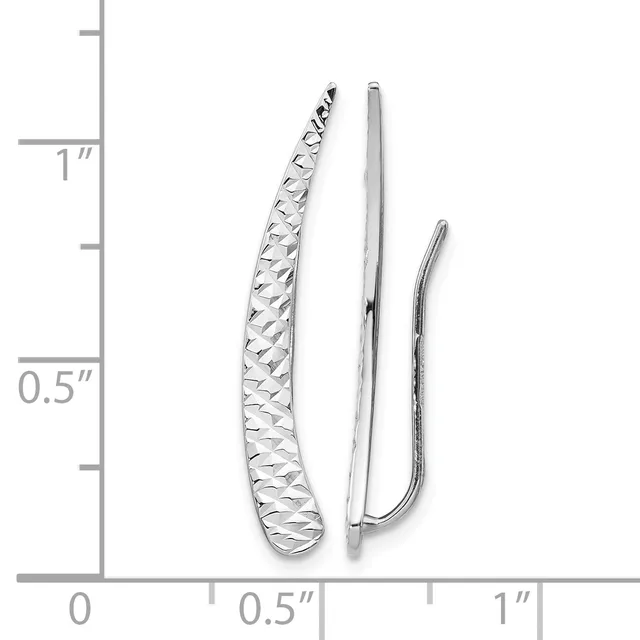Three silver curved earrings displayed next to a ruler showing measurements up to one inch, with the largest featuring a textured woven pattern.