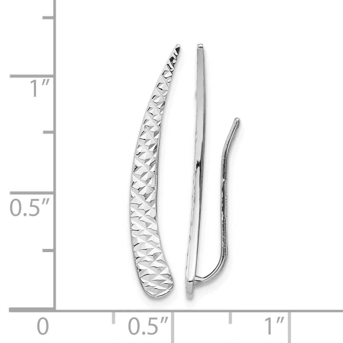 Three silver curved earrings displayed next to a ruler showing measurements up to one inch, with the largest featuring a textured woven pattern.