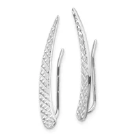 A pair of silver curved hoop earrings with a textured diamond-pattern surface and polished smooth inner curves, shown from the front.