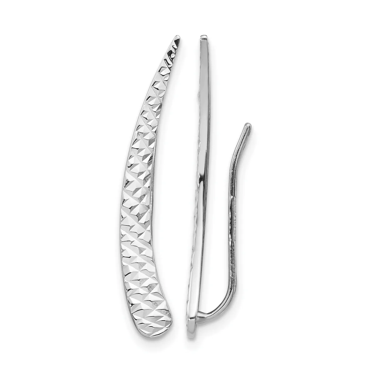 Pair of polished silver curved hoop earrings, one with a textured diamond pattern and one smooth, shown from the front and back.