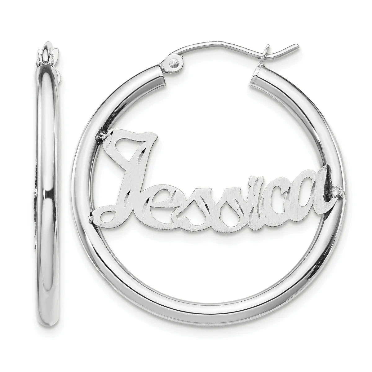 Silver-toned hoop earrings with a personalized name script in the center, shown from front and side views.