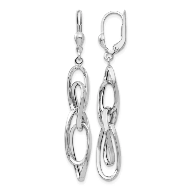 A pair of silver lever-back earrings with interlocking oval links that dangle from the hooks, shown against a white background.
