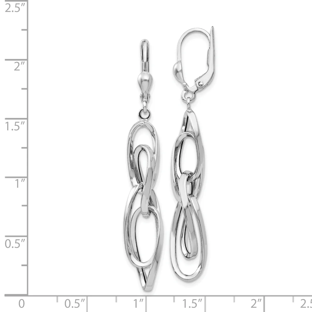 Silver-toned dangle earrings with interlocking oval links suspended from lever-back closures, displayed against a ruler showing approximately two inches in length.
