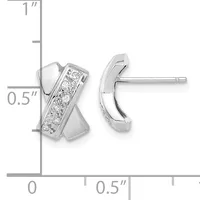 Pair of silver hoop earrings with diamond accents, shown from front and side views with a measurement scale indicating approximately one inch in height and half inch in width.