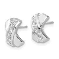 A pair of silver hoop earrings with polished curved sides and a channel of round diamonds set down the center, shown from the front on a white background.