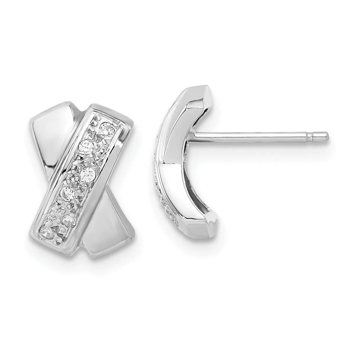 A pair of silver crossover earrings with a polished finish and a channel of round diamonds set along one side, shown from front and back views.