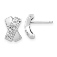 A pair of silver crossover earrings with a polished finish and a channel of round diamonds set along one side, shown from front and back views.