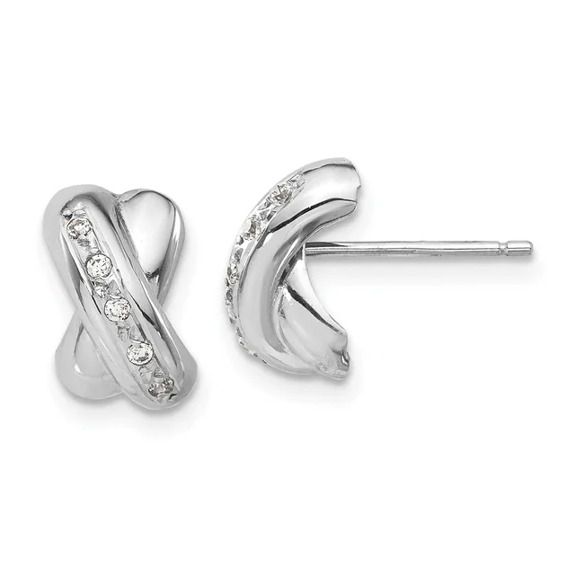 A pair of silver stud earrings with a twisted X design featuring a row of round diamonds set along one side of each earring.