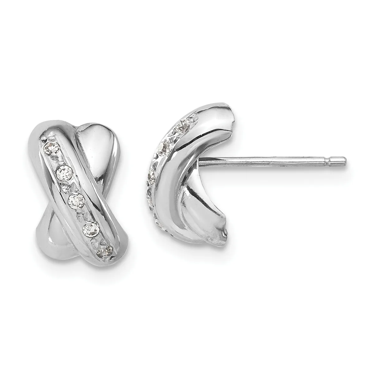 A pair of silver stud earrings with a twisted X design featuring a row of round diamonds set along one side of each earring.