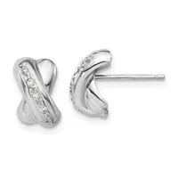 A pair of silver stud earrings with a twisted X design featuring a row of round diamonds set along one side of each earring.