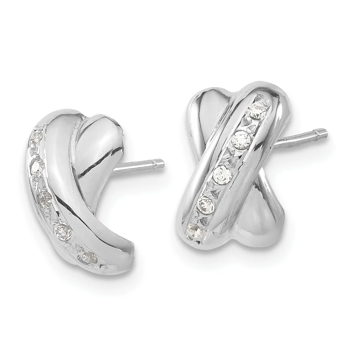 Pair of silver curved huggie earrings with diamond accents along one side, shown from front and back views.