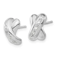 Pair of silver curved huggie earrings with diamond accents along one side, shown from front and back views.