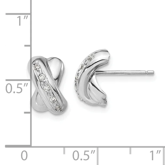 A pair of polished silver stud earrings with curved designs and diagonal rows of cubic zirconia stones, shown next to a measurement scale indicating approximately half an inch in height.