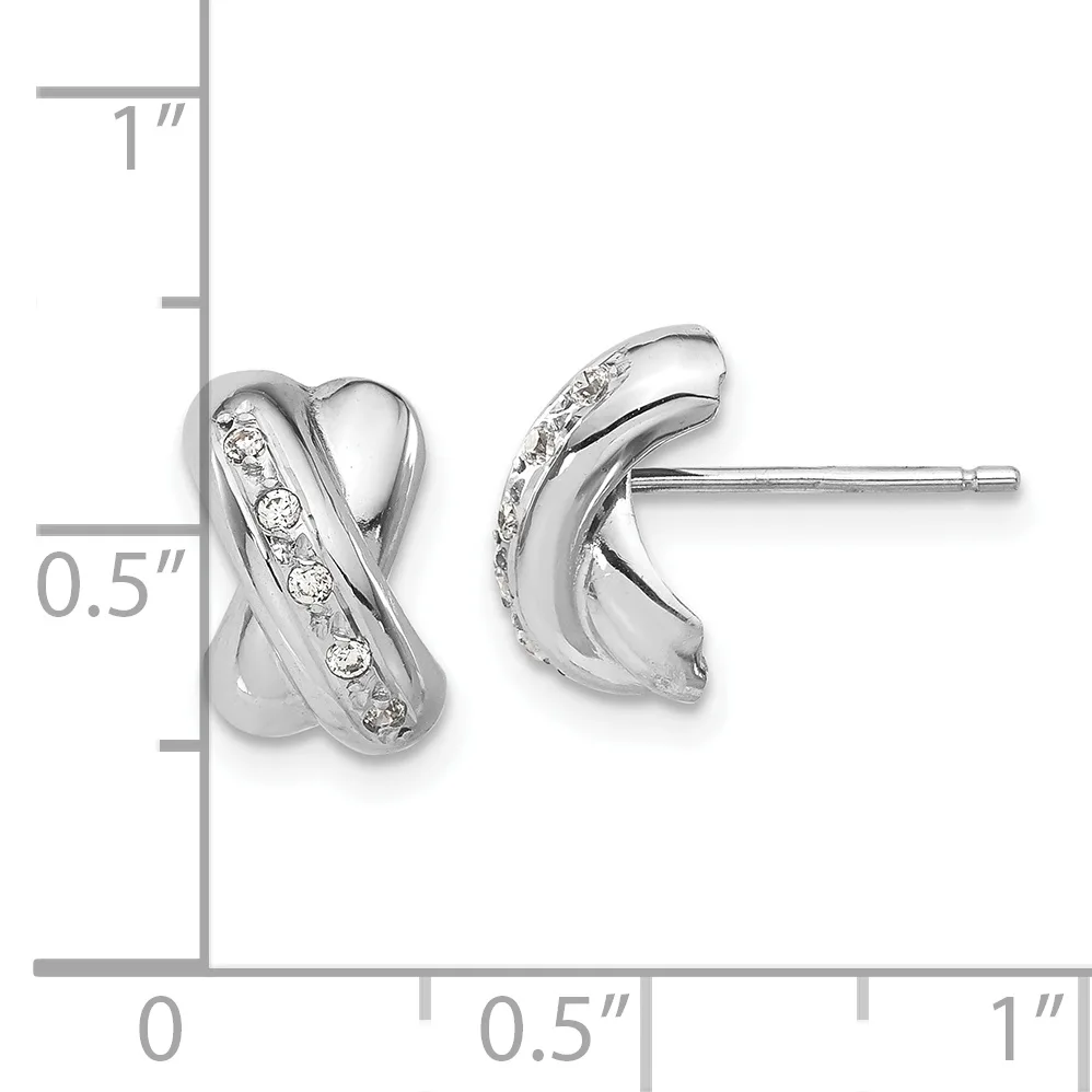 A pair of polished silver stud earrings with curved designs and diagonal rows of cubic zirconia stones, shown next to a measurement scale indicating approximately half an inch in height.