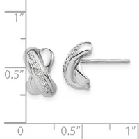 A pair of polished silver stud earrings with curved designs and diagonal rows of cubic zirconia stones, shown next to a measurement scale indicating approximately half an inch in height.